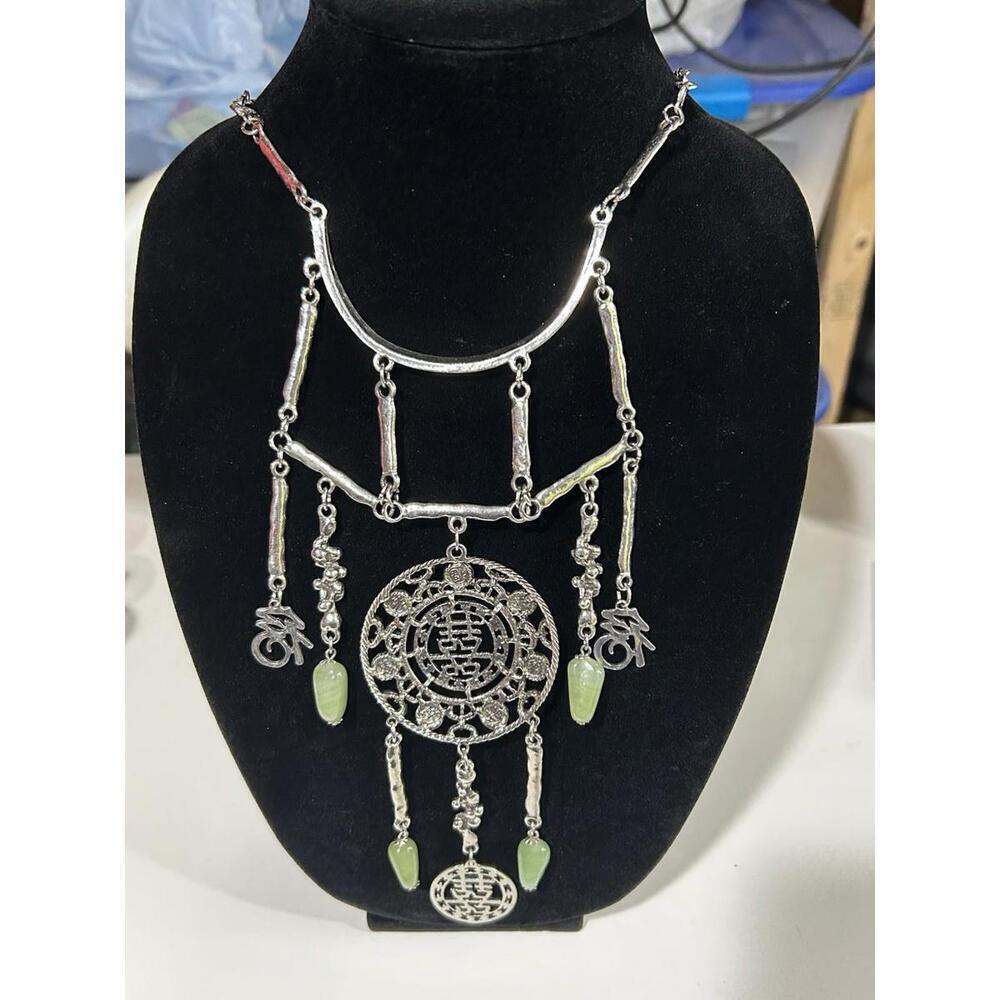 Double Happiness Chinese Symbol Necklace Womens Runway Silvertone Choker